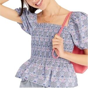 J.Crew Liberty Blue Purple Club Nouveau Floral Smocked Squareneck Top